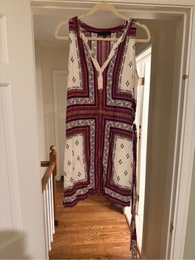Boho Sleeveless Printed Midi Dress in Cream with Red & Blue Pattern